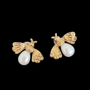Designer Faux Pearl & Gold Plated Bumblebee Stud Earrings 17.3mm X 21.3mm